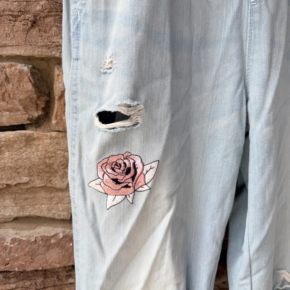 The Children's Place Girls 14 Denim Overall Distressed Patches Light Embroidered